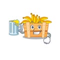 Cheerful banana fruit box mascot design with a glass of beer