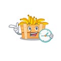 Cheerful banana fruit boxcartoon character style with clock