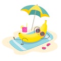 Cheerful banana sunbathes on the beach under an umbrella. Vector illustration in cartoon flat style.