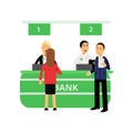 Cheerful bank employees and clients at reception desk. Banking service. Cartoon women and men characters. Finance and