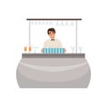 Cheerful bartender at the bar counter, barman character at work cartoon vector Illustration on a white background