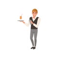 Cheerful bartender holding a tray with alcohol drink, barman character mixing a cocktail drink in shaker cartoon vector