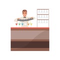 Cheerful bartender pouring alcoholic cocktails at the bar counter, barman character at work cartoon vector Illustration