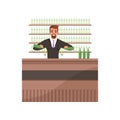 Cheerful bartender preparing cocktails at the bar counter, barman character at work cartoon vector Illustration on a