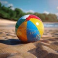 Cheerful beach ball rests on sun kissed sand, epitome of summer