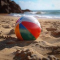 Cheerful beach ball rests on sun kissed sand, epitome of summer