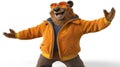 Cheerful bear with sunglasses welcoming with open arms.