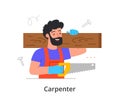 Cheerful bearded male character is enjoing working as a carpenter on white background