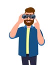 Cheerful bearded man in casual wear looking through binoculars and gesturing, pointing index finger hand. Male character design.