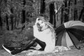 Cheerful beautiful girl in red sweater outdoors on beautiful fall day. Free autumn time. Fashion autumn portrait woman Royalty Free Stock Photo