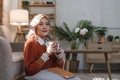 cheerful beautiful pretty asian woman smiling happy relaxing drinking of hot coffee or tea.Girl felling enjoy having in Royalty Free Stock Photo