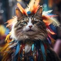 Cheerful, beautiful purebred cat in feather accessories attending traditional local carnival, festival. Blurred crowned