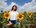 Cheerful beautiful Turkish woman in sunglasses posing on a sunflower field Royalty Free Stock Photo