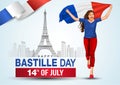 Cheerful beautiful young woman running with her hands spread up and holding blowing French flag. Creative vector Illustration,