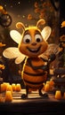 Cheerful bee leans on hive, waving amidst honey jars, honeybees soar whimsical countryside