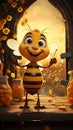 Cheerful bee leans on hive, waving amidst honey jars, honeybees soar whimsical countryside