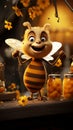 Cheerful bee leans on hive, waving amidst honey jars, honeybees soar whimsical countryside