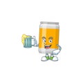 A cheerful beer can cartoon mascot style toast with a glass of beer