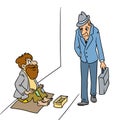 Cheerful beggar sad businessman office worker cartoon illustration