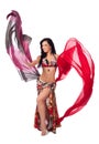Cheerful Belly Dancer Dancing with Multicolored Veils