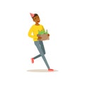 Cheerful black boy carrying box of alcoholic drinks for birthday celebration. Cartoon teenager character with party hat Royalty Free Stock Photo