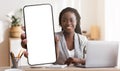 Cheerful black businesswoman showing smartphone with big blank screen at modern office, mockup for mobile app or website Royalty Free Stock Photo