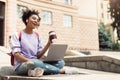 Cheerful Black Girl Chatting Via Video Call On Laptop Outdoor Royalty Free Stock Photo