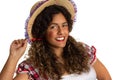 Black girl in typical plaid dress and straw hat. June Festival traditional in Brazil