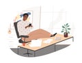 Cheerful black guy chatting use smartphone during work vector flat illustration. Smiling male putting legs on desk