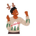 Cheerful Black Man Character In A Cozy Christmas Sweater And A Festive Deer Headband With Antlers Celebrates Holiday