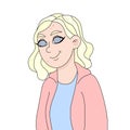 Cheerful blonde-haired girl with pimples. Vector illustration of a smiling teenager. Cartoon-style picture