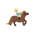 Cheerful blonde little boy riding pony horse, childrens equestrian sport vector Illustration Royalty Free Stock Photo