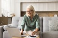 Cheerful blonde retired old woman using financial application on laptop Royalty Free Stock Photo