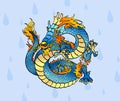 Cheerful blue Chinese dragon against drops