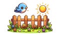Cartoon illustration of a bluebird flying near a wooden fence with flowers and sun Royalty Free Stock Photo