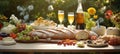 Cheerful bokeh backdrop with bountiful picnic spread, featuring finger foods and sparkling beverages