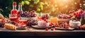 Cheerful bokeh backdrop with a picnic spread of delicious finger foods and sparkling beverages