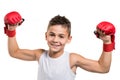 Cheerful boy athlete raised his hands up in red karate gloves, with a gesture of victory, on a white background