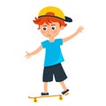 A cheerful boy in a baseball cap on a skateboard in a cartoon style. Vector illustration.