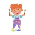 Cheerful Boy in Blotted Clothes Carrying Paintbrush and Paint Vector Illustration