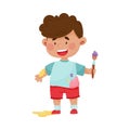 Cheerful Boy in Blotted Clothes Carrying Paintbrush and Paint Vector Illustration