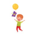 Cheerful Boy Character Catching Gift Box with Balloon Vector Illustration Royalty Free Stock Photo