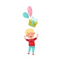 Cheerful Boy Character Catching Gift Box with Balloon Vector Illustration Royalty Free Stock Photo