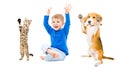 Cheerful boy, dog and cat Royalty Free Stock Photo