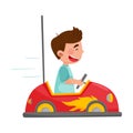 Cheerful Boy Driving Toy Car or Having Fairground Ride Vector Illustration