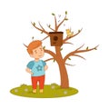 Cheerful Boy Enjoying Spring Season Watching Bird Singing on the Tree Vector Illustration