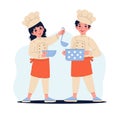 Cheerful boy and girl in chef costume holding pot and plate. Happy kids cooking food. Children in hat and apron Royalty Free Stock Photo