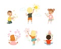 Cheerful Boy and Girl Drawing with Paint Brush on the Wall Vector Set Royalty Free Stock Photo