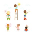 Cheerful Boy and Girl Drawing with Paint Brush on the Wall Vector Set Royalty Free Stock Photo