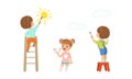 Cheerful Boy and Girl Drawing Sun and Clouds with Paint Brush on the Wall Vector Set Royalty Free Stock Photo